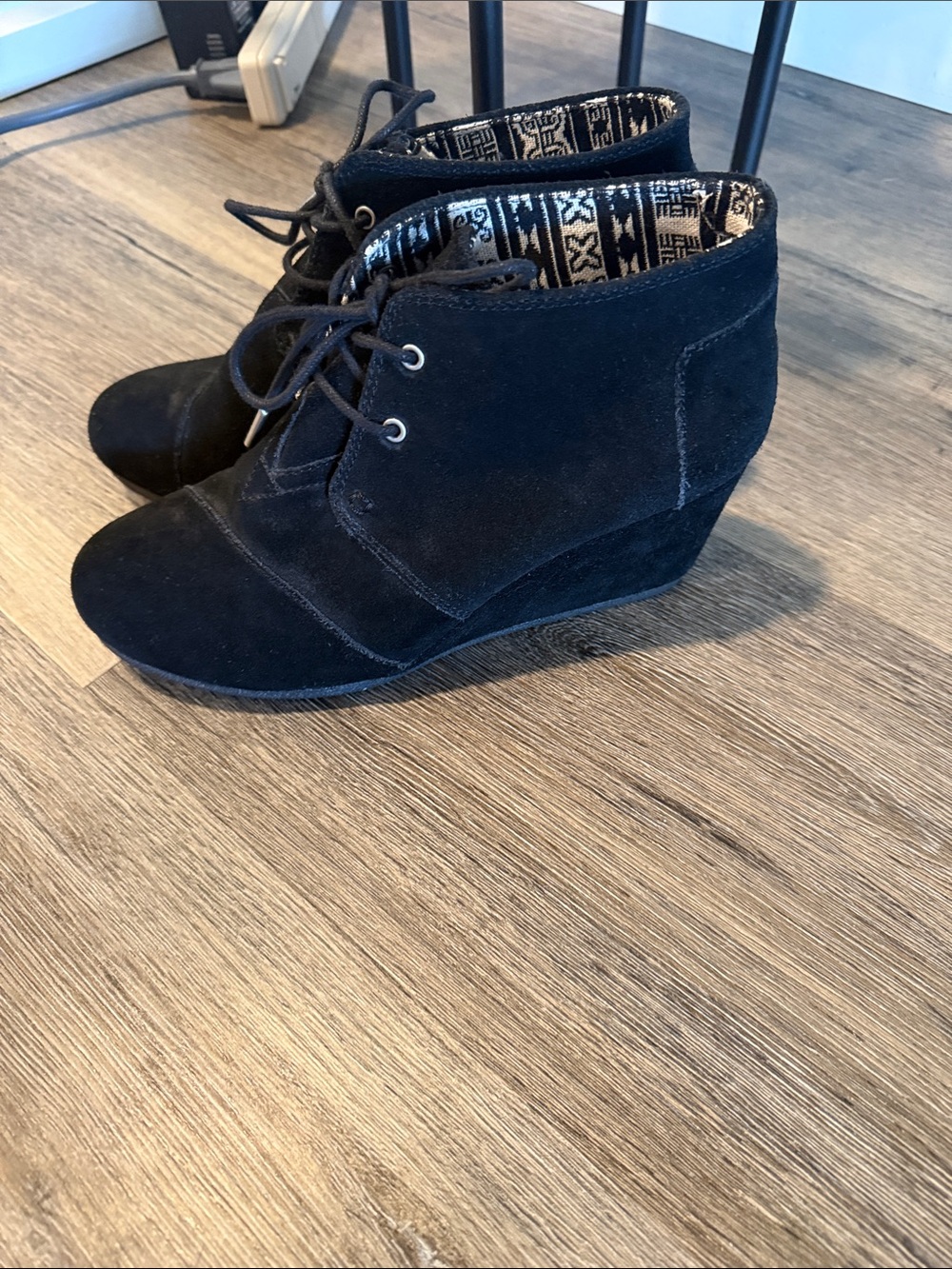 Toms Black Suede Wedge Lace-Up Ankle Booties